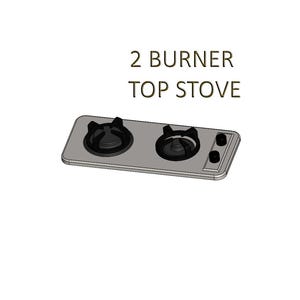May include: A silver two-burner top stove with black burner grates. The stove has two knobs for controlling the burners.