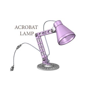 May include: Acrobat lamp in a light purple color. The lamp has a flexible arm and a conical shade. The base is round with a decorative pattern. The text "ACROBAT LAMP" is printed on the left side of the lamp.