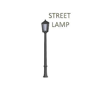 May include: A black street lamp with a rectangular glass lampshade. The lamp is on a tall, black pole.