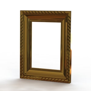 May include: A gold-colored picture frame with a decorative border. The frame is empty and ready to hold a photo or artwork.