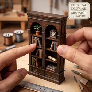 Puede incluir: Una estantería en miniatura de madera marrón oscuro con dos estantes arqueados llenos de libros diminutos, una pequeña planta en maceta, un reloj de estilo antiguo y un pergamino enrollado. Incluye dos cajones inferiores y el texto STL DIJITAL DOSYALARI MINYATÜR KITAPLIK.