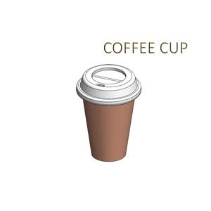 May include: A brown paper coffee cup with a white lid. The lid has a small opening for drinking. The cup is labelled "COFFEE CUP".