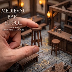 May include: A 1:12 scale miniature dark brown wooden bar stool with a round seat and four legs connected by a cross-shaped support. The text MEDIEVAL BAR STOOL 1:12 SCALE MINIATURE STL MODEL is visible in the upper left portion of the image.