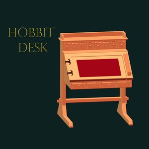 May include: A wooden desk with a red interior and multiple drawers. The desk is labeled "HOBBIT DESK" in gold lettering.