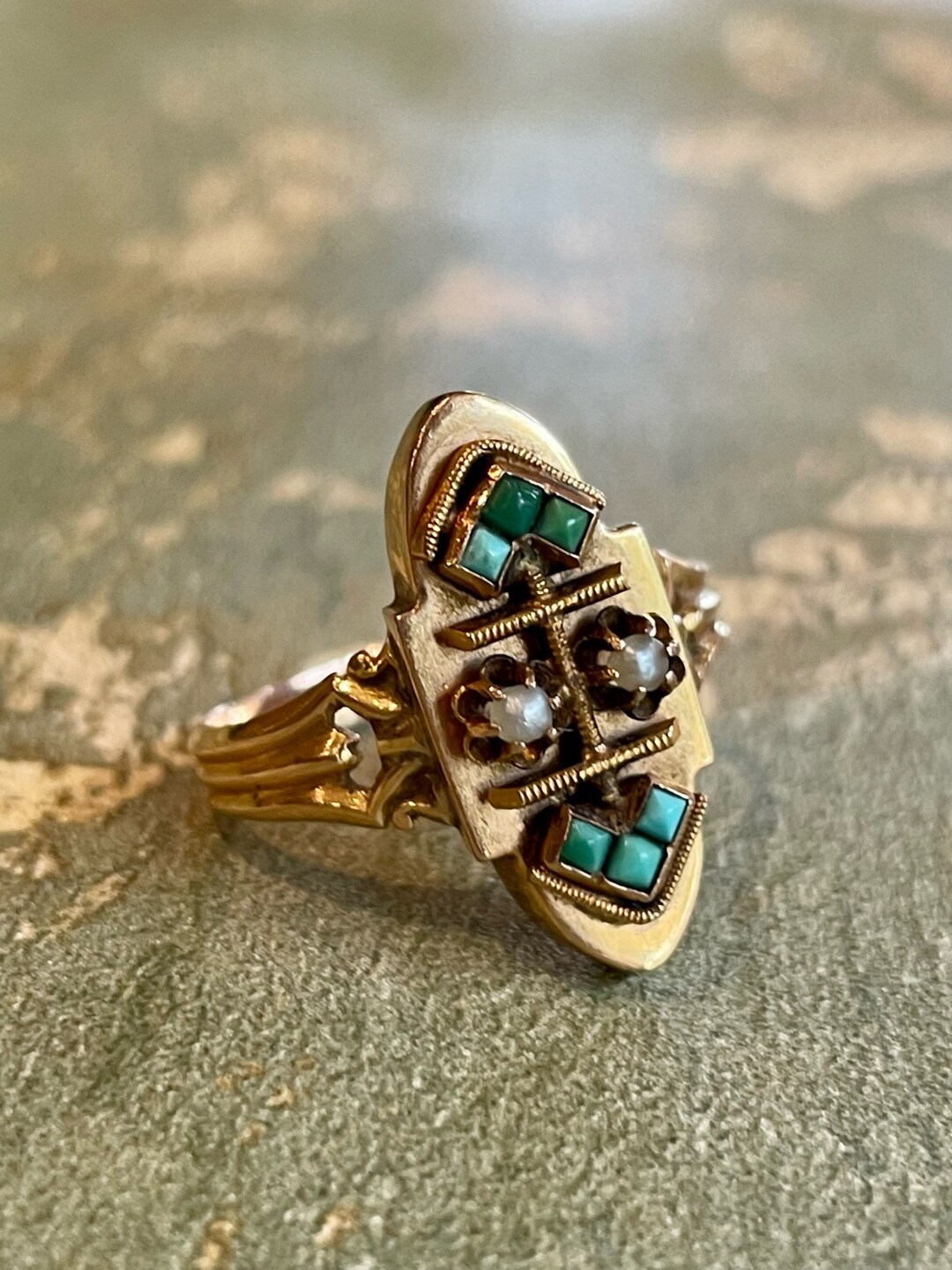 Fascinating Antique Victorian Oval Ring, With Turquoises and Natural ...