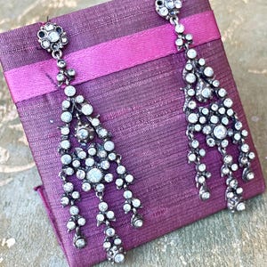 Può includere: Un paio di orecchini a lampadario color argento con cristalli trasparenti e scintillanti. Gli orecchini presentano un design floreale nella parte superiore e grappoli di cristalli a cascata. Sono appoggiati su un tessuto viola con un nastro rosa.