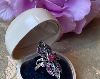 Stunning Art Nouveau ring in yellow gold, silver, rubies and diamond rosettes; floral vintage ring; sweet romance ring