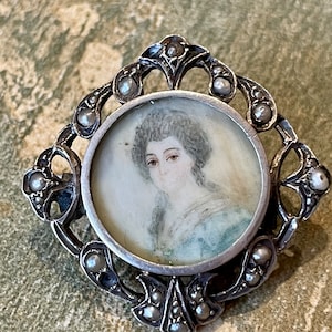 Romantic Antique Silver Lady Portrait Brooch; Victorian Souvenir Brooch; Painted Miniature Brooch