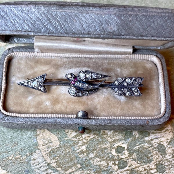 Charming Victorian arrow and dove brooch; Victorian diamond brooch