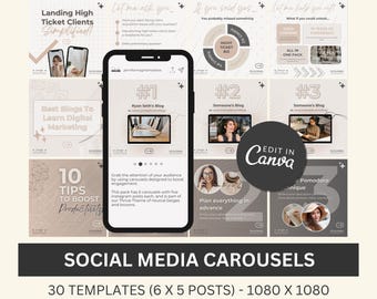 Coaching Instagram Carousel Templates | 30 Editable Canva Templates for Coaches & Creators | Neutral Social Media Pack, Editable Templates