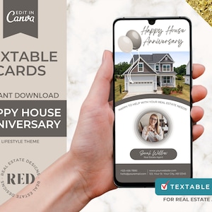 Tarjeta de texto con mensaje "Feliz aniversario de REALTOR" / Marca de agente inmobiliario / Plantilla editable de Canva / Agricultura REALTOR / Prospección REALTOR