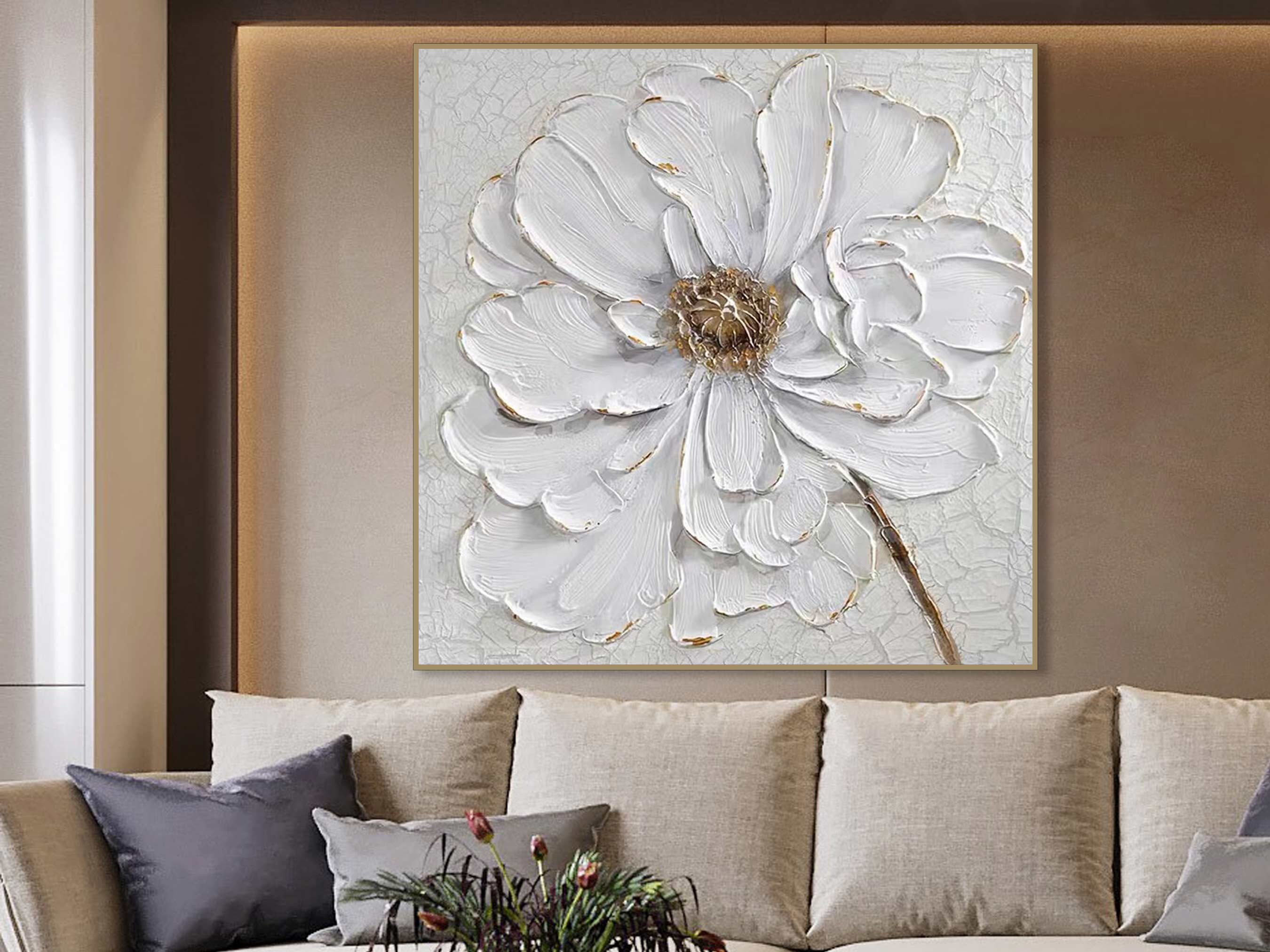 3D Large White Flower Oil Painting on Canvas Original Acrylic Painting