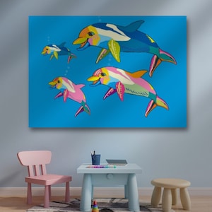 DESCARGA DIGITAL de la pintura moderna de la familia del delfín del estilo de PopArt, arte de la pared imprimible, arte para el hogar