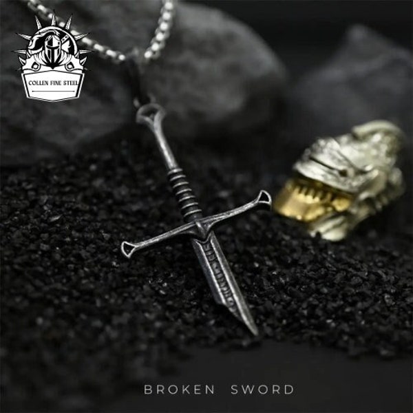 Fantasy Elven Sword Gothic Silver Broken Sword Cross Necklace Punk Hip Hop Necklace Medieval Jewelry Mens & Womens Necklace Couple Gift