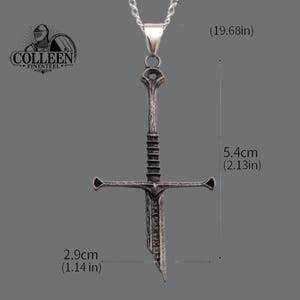 May include: Silver sword pendant necklace with a chain, 19.68 inches long. The sword is 5.4 cm (2.13 inches) tall and 2.9 cm (1.14 inches) wide.