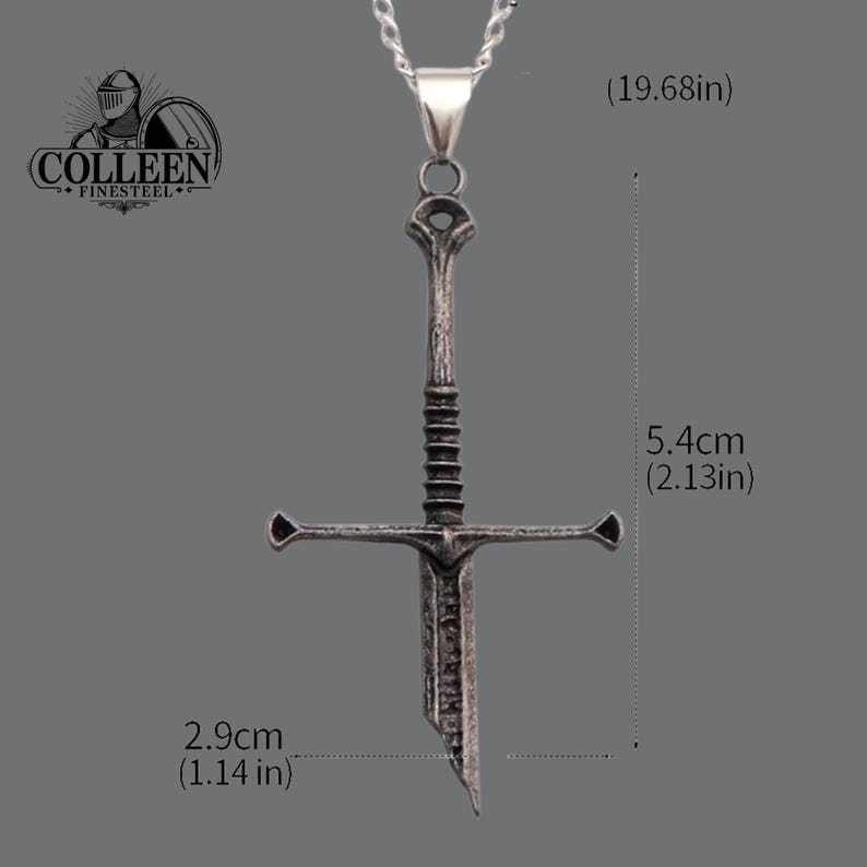 May include: Silver sword pendant necklace with a chain, 19.68 inches long. The sword is 5.4 cm (2.13 inches) tall and 2.9 cm (1.14 inches) wide.