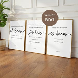Set mit 3 christlichen Kunstdrucken mit Bibelversen auf Spanisch: Jesaja 41,10, Psalm 34, Psalm 136, Gott ist gut, druckbare Bibelkunst