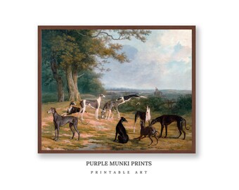 May include: A vintage painting depicting a group of greyhounds in a grassy field. The dogs are various shades of brown, black, and white. The painting is set against a backdrop of a lush green forest and a cloudy sky.