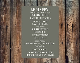 Targa da parete in metallo "Be Happy" / Finitura lucida impermeabile 283 mm x 197 mm / Un regalo significativo