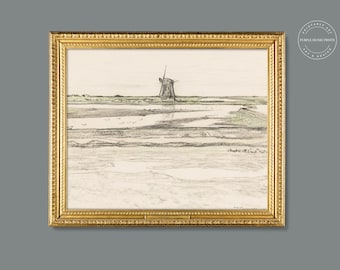 Windmill Landscape Hand Drawn Vintage Sketch  | DOWNLOADABLE PRINT | 155 | Printable Wall Art Decor | Rustic Country Farmhouse
