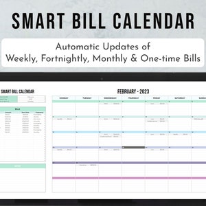 Puede incluir: Una pantalla de computadora que muestra una plantilla de Google Sheets para un calendario de facturas inteligente. El calendario es para febrero de 2023 e incluye columnas para cada día de la semana. La plantilla permite a los usuarios realizar un seguimiento de sus facturas y establecer recordatorios para los pagos próximos.