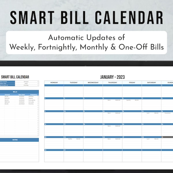 Slimme factuurkalender, automatische factuurkalender van Google Spreadsheets, wekelijkse tweewekelijkse maandelijkse kalenderspreadsheet, financiële sjabloon, factuurtracker