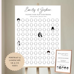 May include: A white wedding guestbook sign on an easel, with the names "Emily & Joshua" and instructions to draw a face and sign a name. A smaller framed sign with the text "Draw your face" is also present. The sign is available in portrait and landscape, UK & US sizes.
