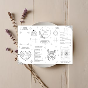 Tappetini per attività nuziali per bambini: giochi e disegni da colorare stampabili per bambini, tovagliette personalizzate per matrimoni, modificabili in Canva o PDF pronti per la stampa