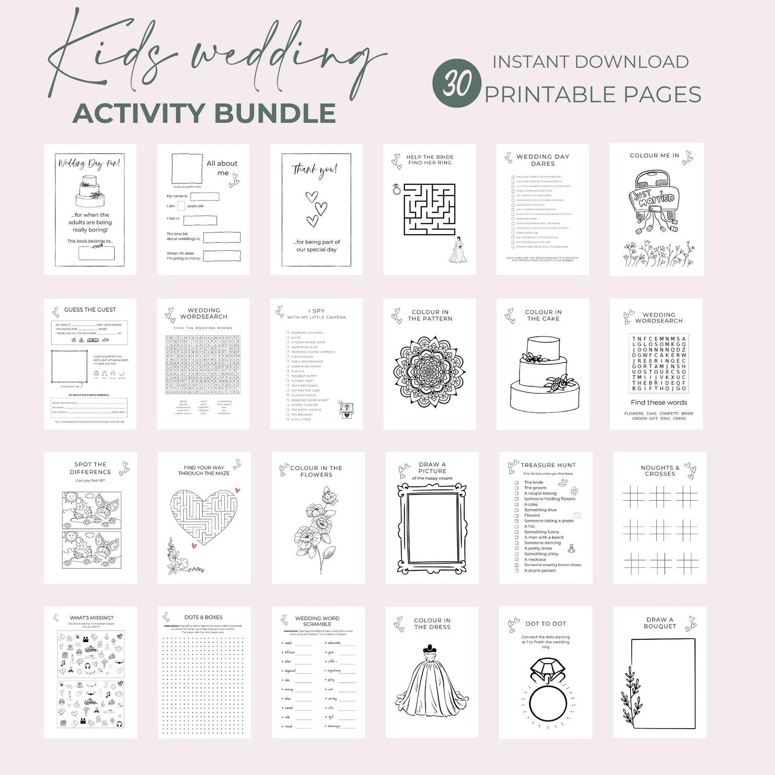 Kids Wedding Activity Pages & Colouring Pages Single Sheets or Book, Digital Download PDF Print ...