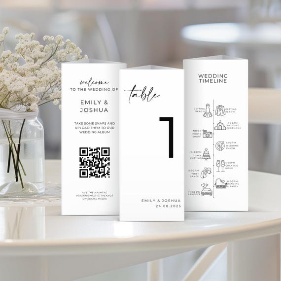 Wedding Table Number Template: Tri-fold Menu, QR Code Sign (canva
