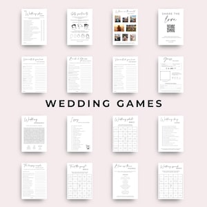 以下が含まれることがあります： 「ウェディングシューズ」、「ゴルフポートレート」、「世界のどこにいるの？」、「愛を分かち合う」、「花嫁のことをどれくらい知っていますか」、「新郎新婦のトリビアクイズ」、「新郎のことをどれくらい知っていますか」、「ゲストを当ててください」、「ウェディングマッドリブ」、「私はスパイ」、「ウェディングフォトビンゴ」、「結婚式の日々の挑戦」、「幸せなカップル」、「ゲストを見つけようビンゴ」、「彼らの電話を爆発させよう」、「結婚式のスピーチビンゴ」など、印刷可能な結婚式ゲームのセット。