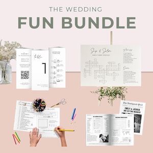 以下が含まれることがあります： テーブル番号、クロスワードパズル、新聞スタイルの発表など、結婚式の文房具アイテムのコレクション。アイテムは白地に黒文字で、「Emily & Joshua」の名前が記載されています。「The Wedding Fun Bundle」の文字が上部にあります。