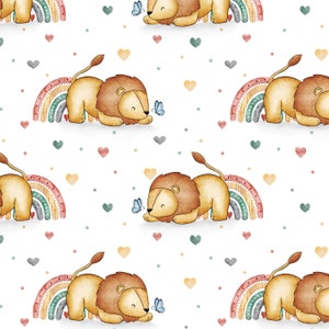 May include: A seamless pattern featuring a watercolour illustration of a lion with a rainbow behind it. The lion is brown and has a fluffy mane. The rainbow is colourful and has a white background. There are also small hearts and dots scattered throughout the pattern.
