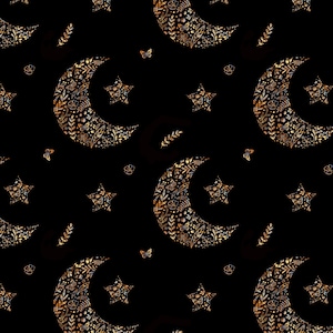 Puede incluir: Un patrón sin costuras con medias lunas y estrellas doradas sobre un fondo negro. Las lunas y las estrellas están formadas por intrincados diseños florales.