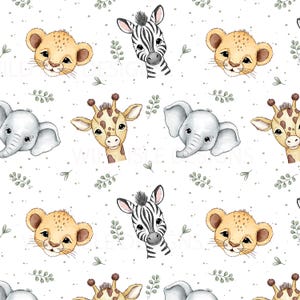 May include: A repeating pattern featuring illustrations of safari animals, including lions, zebras, giraffes, and elephants. The animals are depicted in a cartoon style with soft colors and are set against a white background with small green leaf accents.