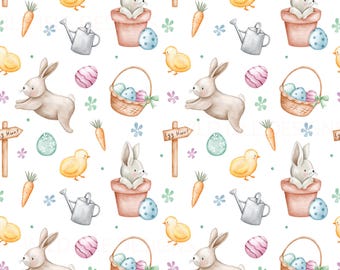 Archivo digital con patrón sin costuras de búsqueda de huevos de Pascua dibujado a mano, diseño de primavera, conejo y pollito, infantil, no exclusivo, fondo blanco.