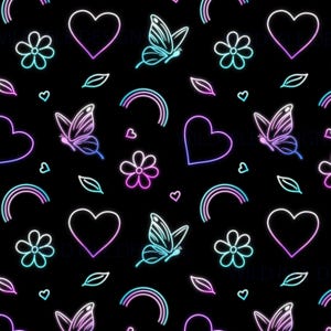Puede incluir: Patrón sin costuras con mariposas, corazones, flores, arcoíris y hojas de neón sobre un fondo negro. El diseño utiliza una paleta de colores vibrantes de rosa, azul y blanco, creando una estética caprichosa y llamativa.