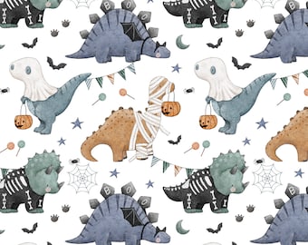 Cute Halloween dinosaur seamless pattern design file, t rex Fabric Design download, Spooky pumpkin Non-Exclusive, White background