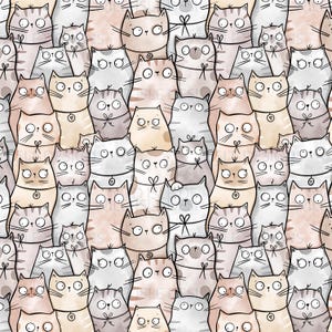 Puede incluir: Un patrón sin costuras que presenta una variedad de gatos de dibujos animados lindos en varios tonos de gris, marrón y beige. Los gatos tienen diferentes expresiones y están dispuestos en un patrón aleatorio.