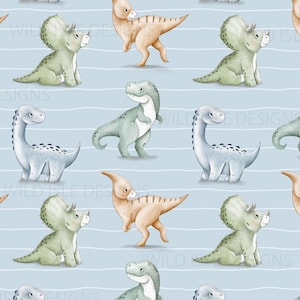 May include: A seamless pattern featuring various dinosaurs on a light blue background with white stripes. The dinosaurs include a green T-Rex, a blue Brachiosaurus, a brown Parasaurolophus, and a green Triceratops.