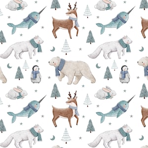 Arctic winter animals seamless pattern, lapland digital file, polar bear Fabric Design, penguin, fox unisex, Non-Exclusive, White Background
