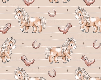 May include: A seamless pattern featuring a light brown background with white stripes. The pattern includes a repeating design of brown and white horses with pink accents, pink cowboy boots, and gold horseshoes.