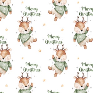 Könnte beinhalten: Ein nahtloses Muster mit Aquarell-Illustrationen von niedlichen Rentieren, die grüne Pullover tragen und Ballons mit dem Text "Merry Christmas" halten. Der Hintergrund ist weiß mit verstreuten goldenen und silbernen Sternen.