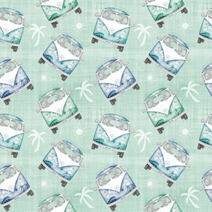 May include: A seamless pattern featuring a repeating design of vintage Volkswagen vans painted in shades of blue and green. Each van has the word "Surf" written on the side and is decorated with palm trees and a surfboard. The background is a light green colour.