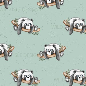May include: A seamless pattern featuring adorable black and white panda bears sleeping on branches against a light blue background. The pattern is perfect for fabric, wallpaper, or other creative projects.