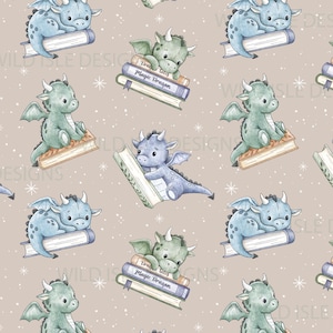 May include: A repeating pattern with watercolour illustrations of adorable dragons in blue and green. The dragons are sitting on or beside books with titles like "Magic Dragon" and "Dra Tales" on a beige background with white stars.