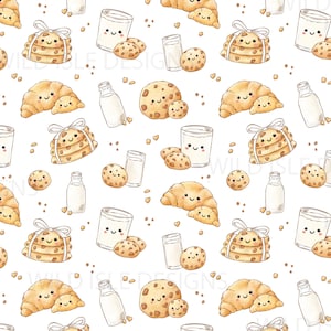 Op de afbeelding: Een herhalend patroon van gebak en melk. Het ontwerp toont lachende koekjes, croissants en stapels koekjes vastgebonden met een strik, samen met glazen en melkflessen. Het kleurenpalet is voornamelijk beige, bruin en wit.