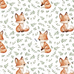 Puede incluir: Patrón repetitivo con ilustraciones en acuarela de zorros, hojas verdes, abejas y una libélula sobre fondo blanco. Los zorros están representados en posición sentada con pelaje naranja y vientres blancos. Las hojas e insectos añaden un toque caprichoso.