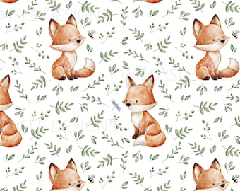 woodland Fox seamless pattern digital file repeat, Cute Fabric Design, Baby, Non-Exclusive, white background