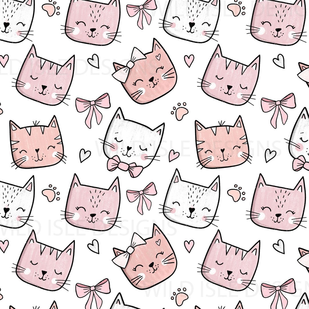 Hand Drawn Pink Cats Seamless Pattern Design File, Digital Download ...